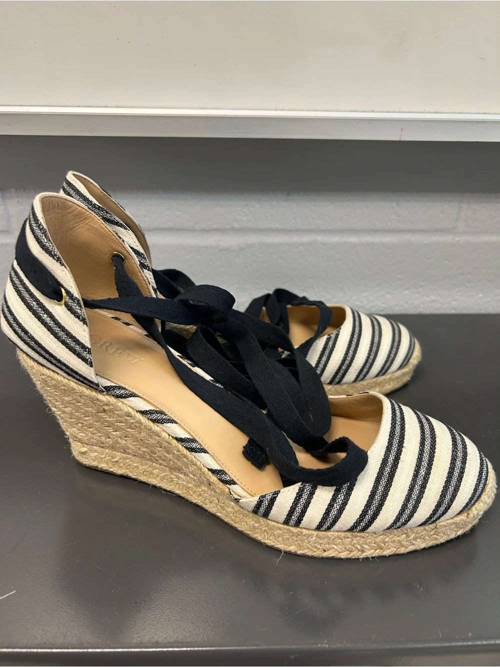 J.Crew Striped Espadrille Wedge Ankle-Tie Sandals - Black & White 9.5